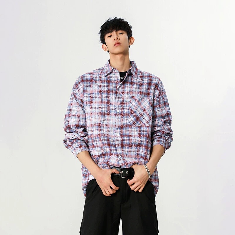 美式复古扎染格子衬衫痞帅宽松长袖上衣CS01