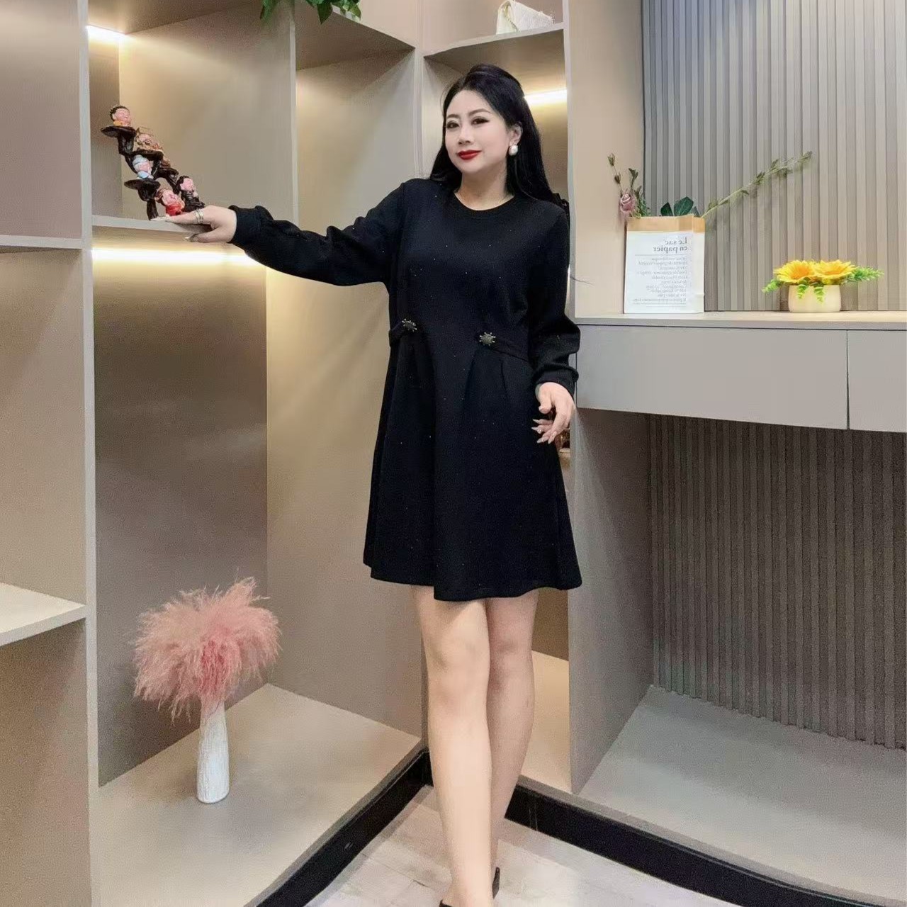 冬季连衣裙-尊 632 时尚潮流亮闪收腰扣设计款胖MM大码女装新款