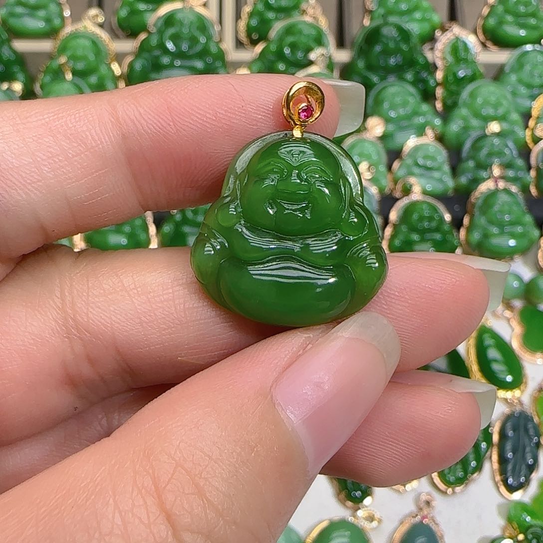 和田玉（碧玉）吊坠(不含链)18K金镶嵌