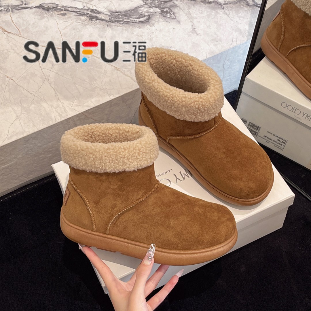 三福牛皮加厚绒保暖雪地靴2025新款冬季羊羔毛女鞋外穿棉鞋短靴子