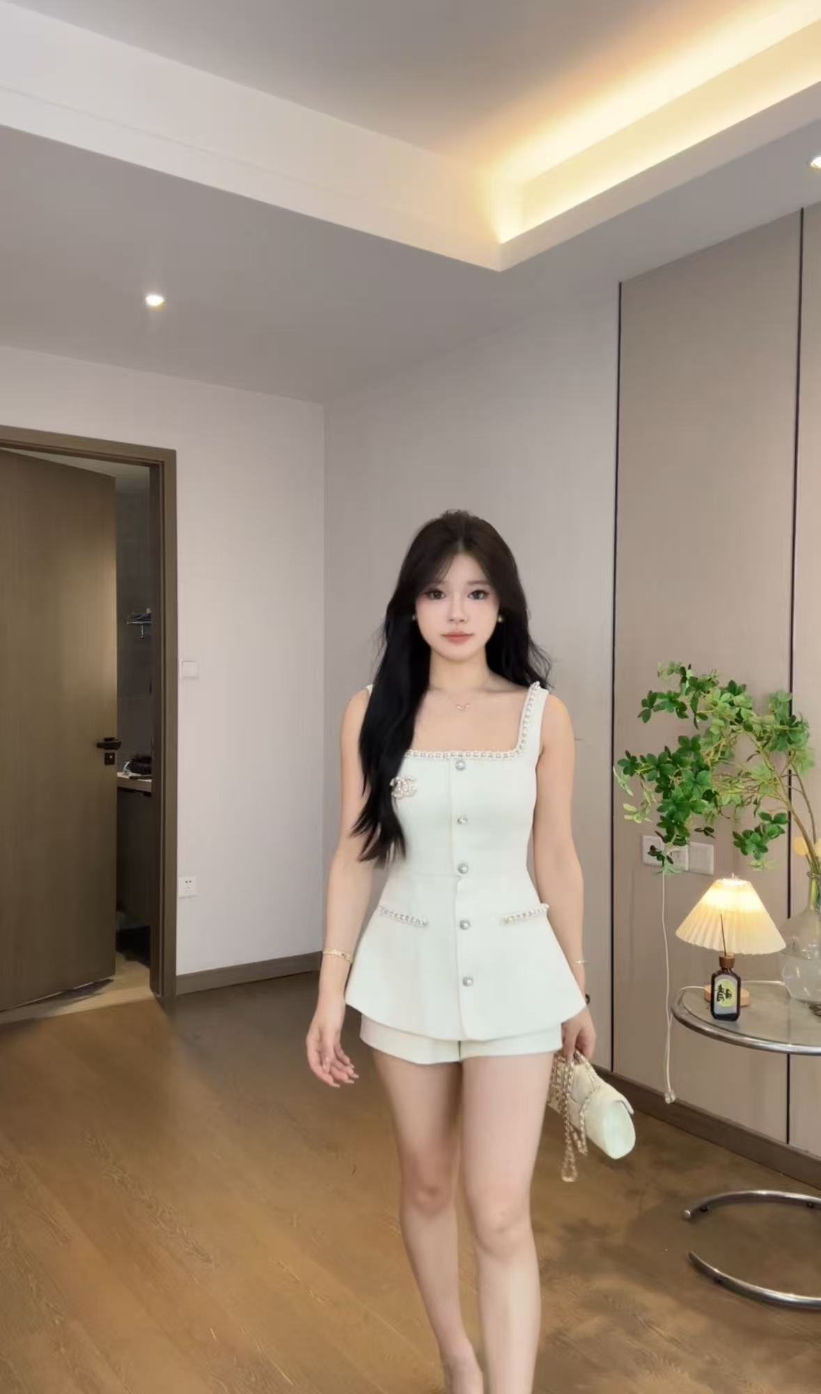 onee自制小个子时尚小香风套装法式减龄短裤无袖短款吊带显瘦款