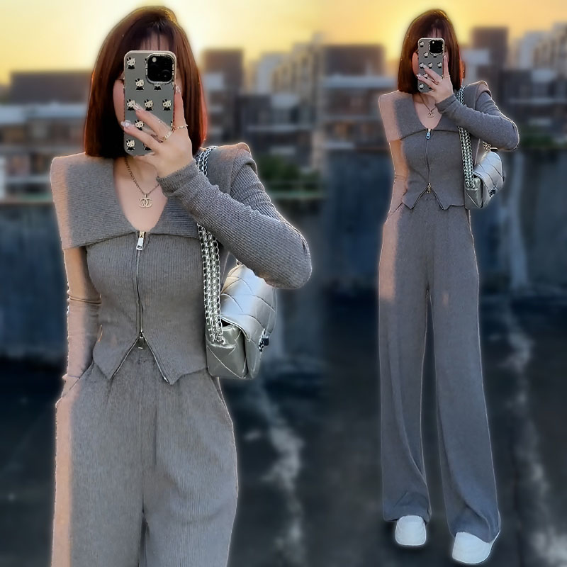 时尚高级感翻领卫衣套装女2025年春秋季新款高腰显瘦阔腿裤两件套