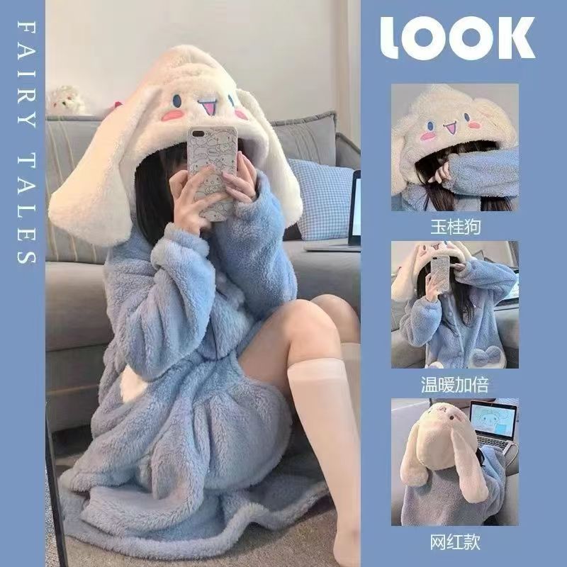 玉桂狗珊瑚绒睡衣女秋冬季长款睡裙卡通保暖睡衣学生加绒可爱睡袍