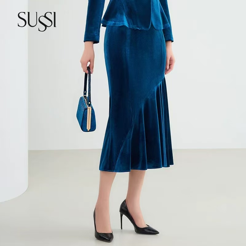 SUSSI/古色【丝绒幽兰】时尚女装蓝色百搭款复古丝绒鱼尾半裙女