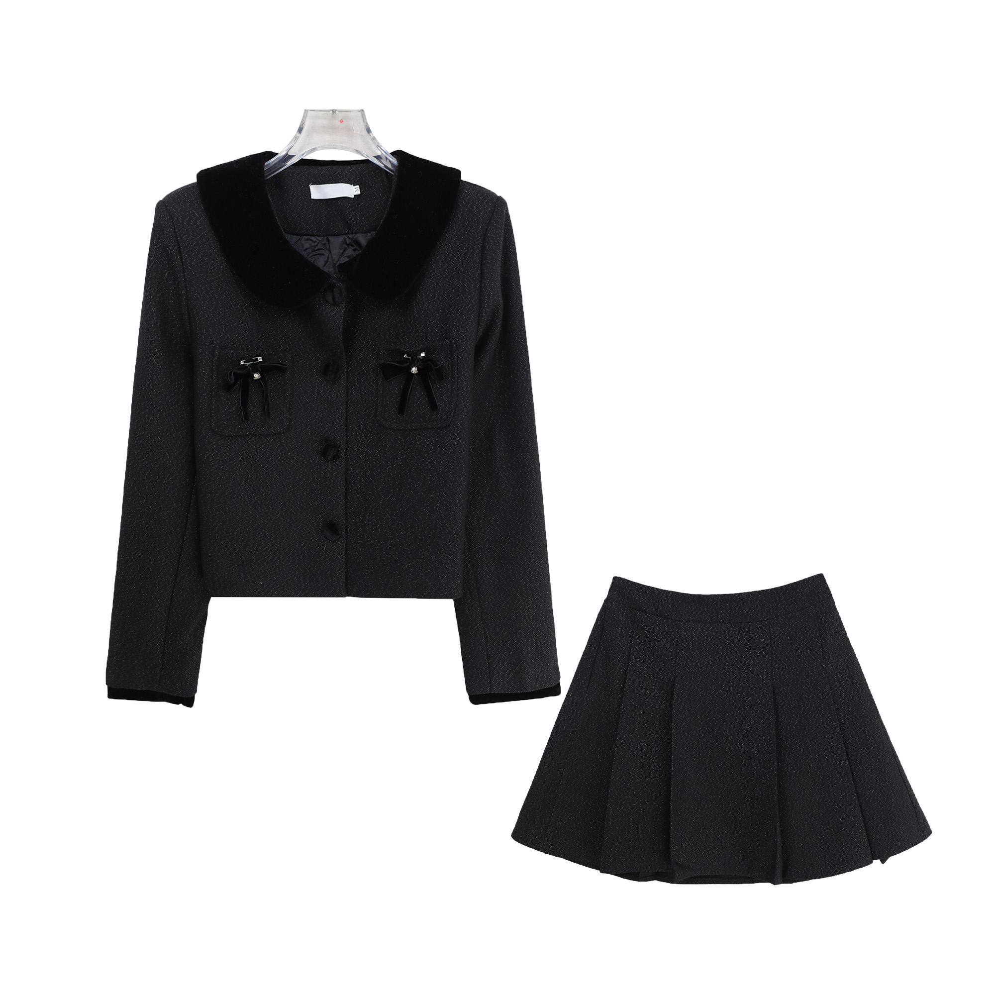 S名媛气质风翻领蝴蝶结短上衣百褶裙两件套S5563