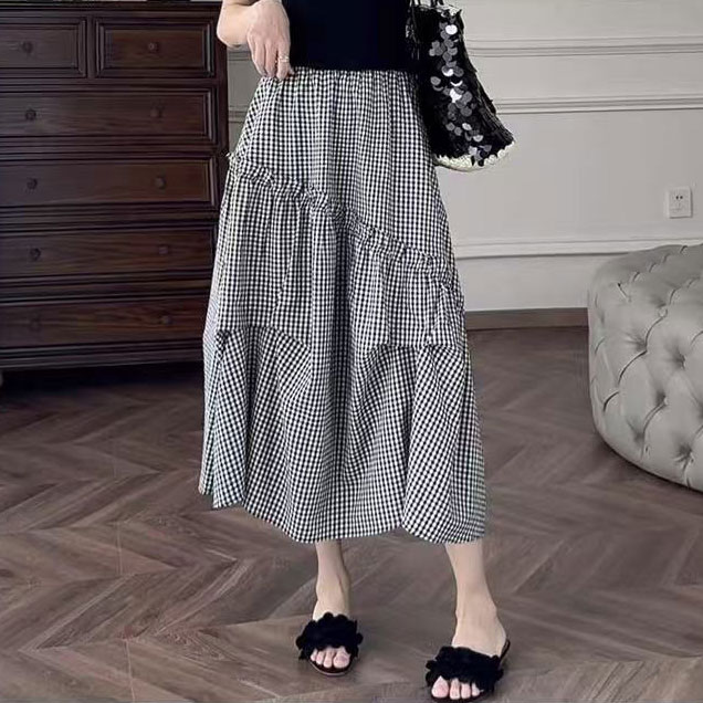 【夏央制衣厂】2025夏季新款法式黑白格子不规则大摆半身裙#6670