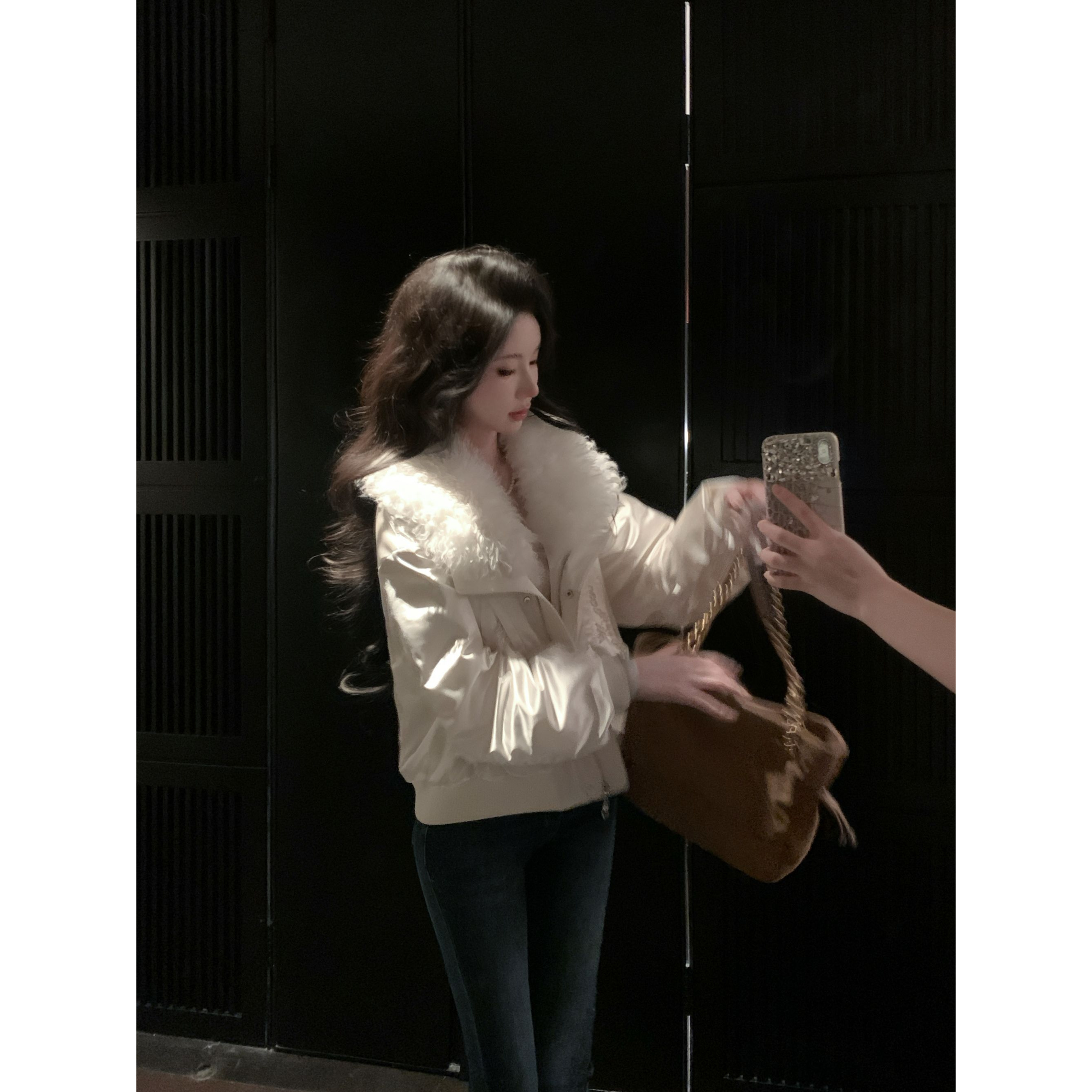 【雅乔定制】真丝鹅 羊皮毛毛绒翻领真丝鹅绒服外套女DYZY-25107792