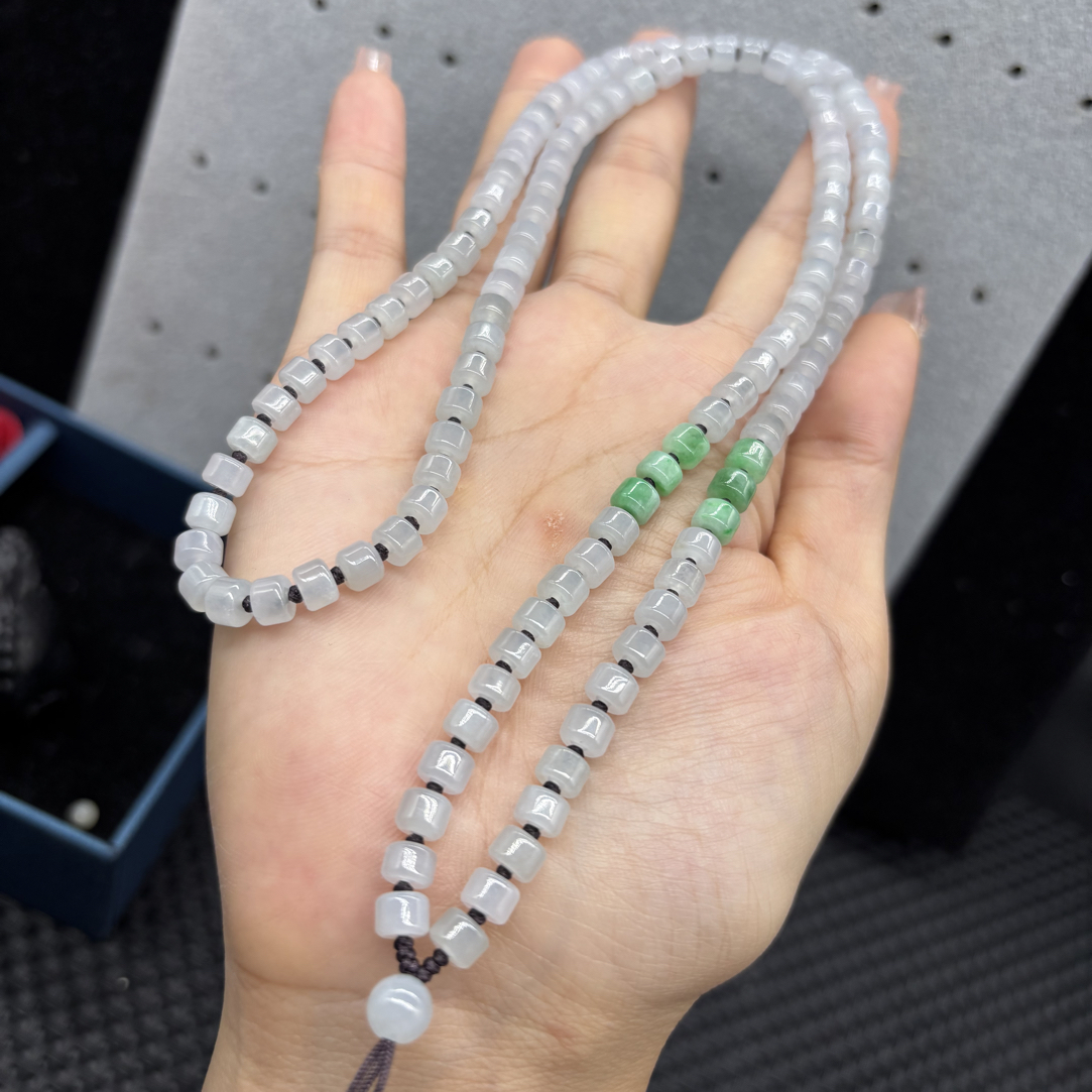 高档天然缅甸A货翡翠冰种绿色桶珠5mm玉石挂件绳毛衣链长链百搭款
