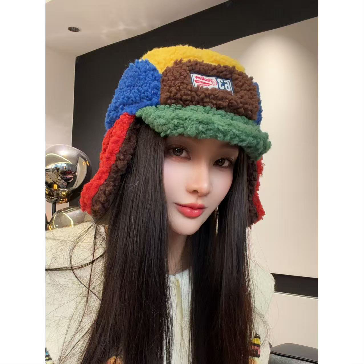 秋冬彩色毛绒色块护耳雷锋帽保暖帽子女可爱F159