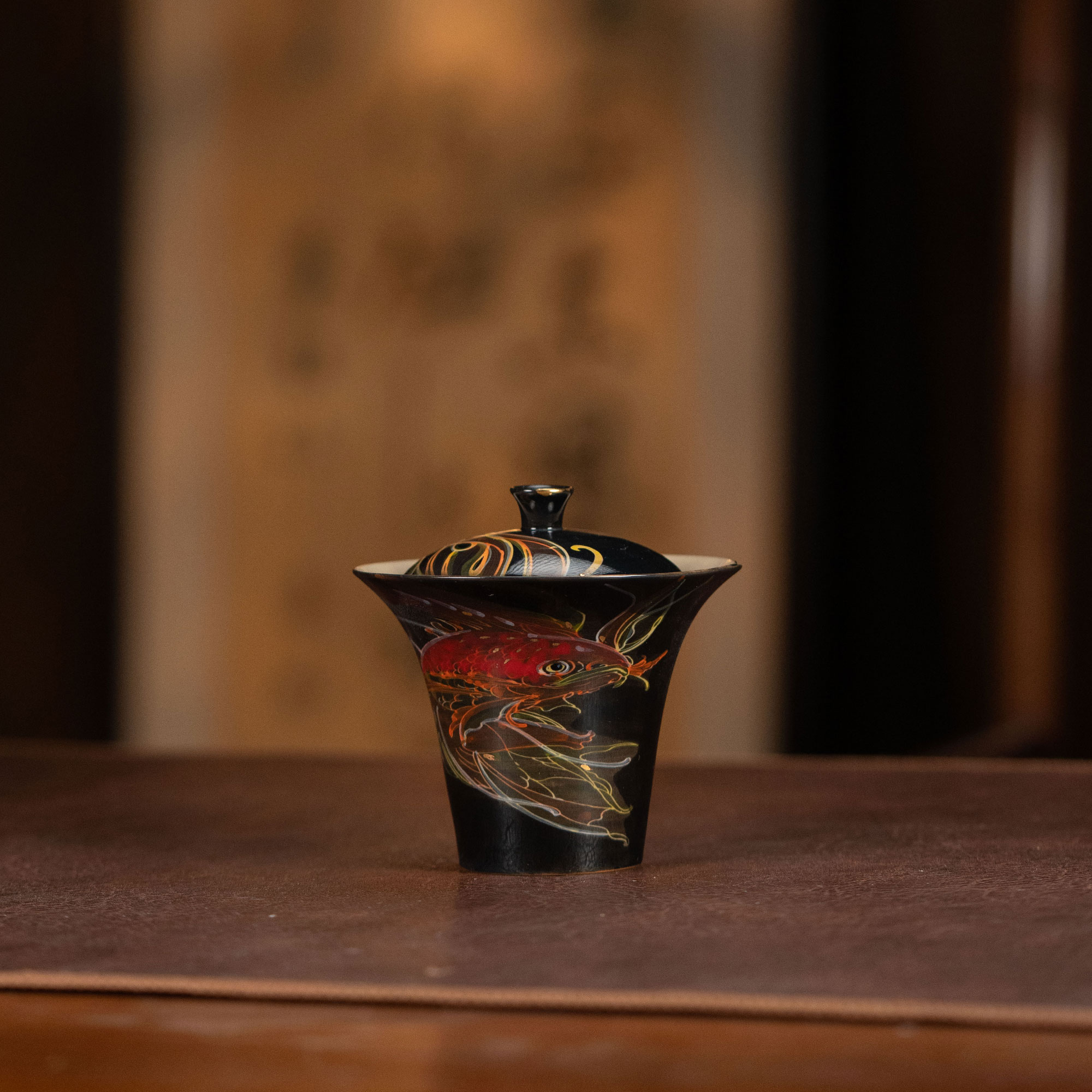 大漆玄鱼叠口高盖碗纯手工制130cc茶周边系列SG