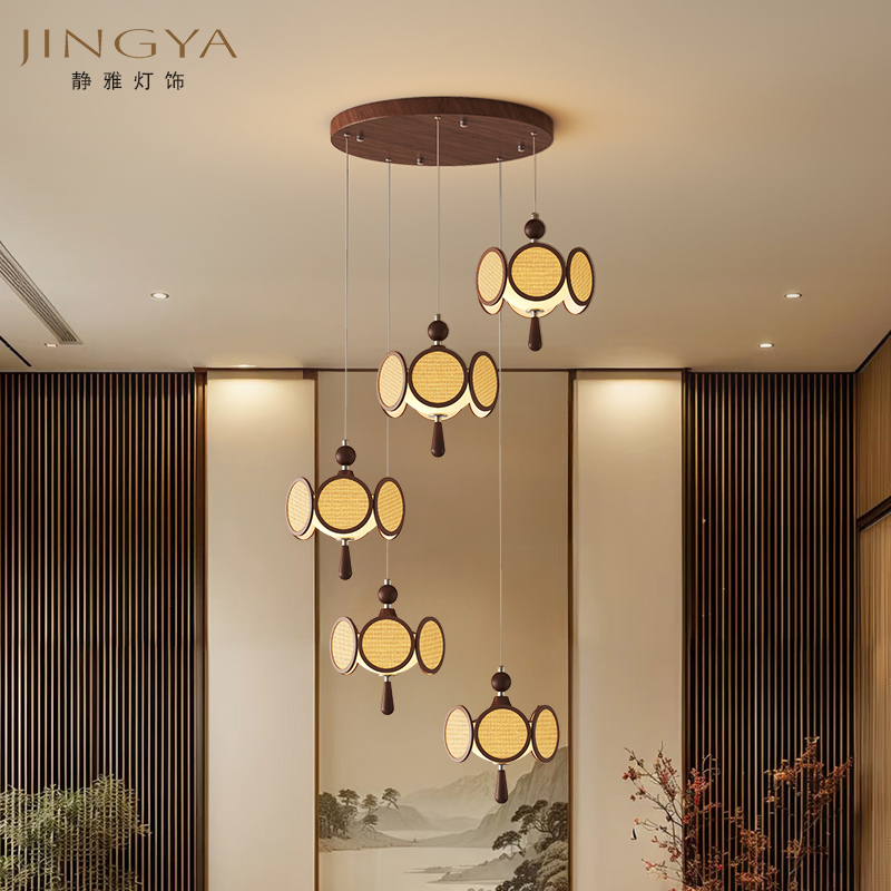 中古风宋式多头餐厅吊灯实木亚麻布罩茶室书房吧台东方雅致照明