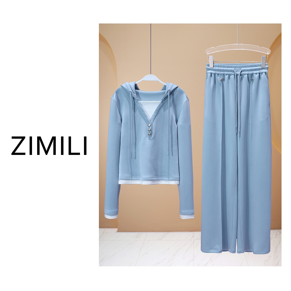 【LIANG哥女装】2025春季水蓝色假两件撞色连帽休闲套装6212