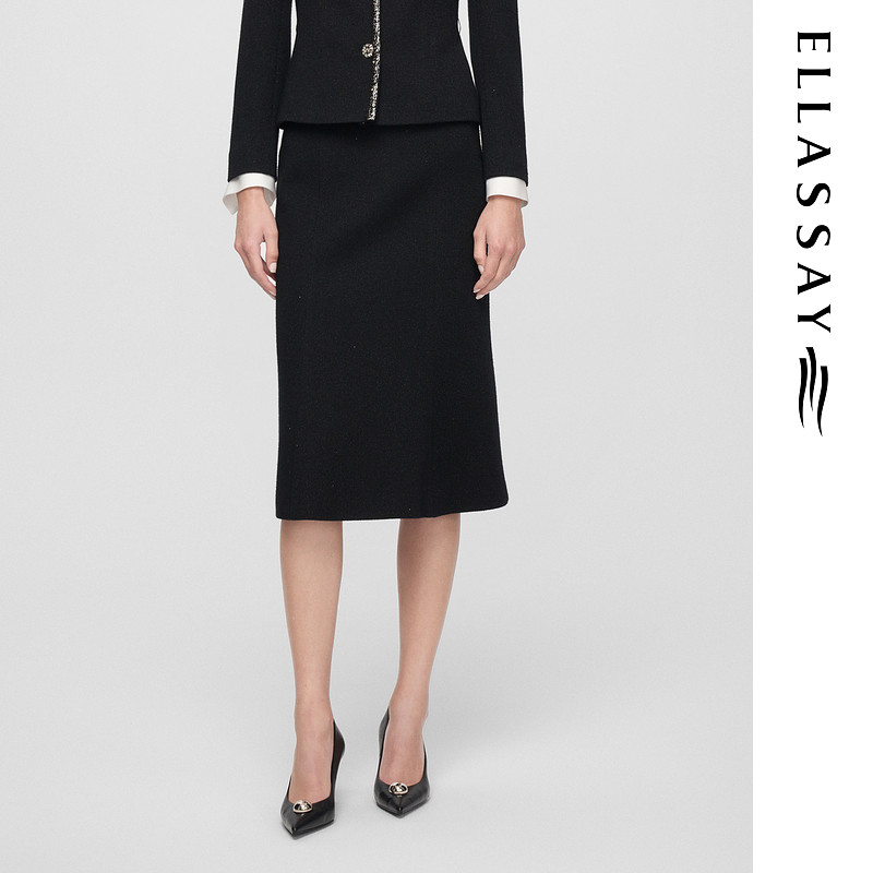 ELLASSAY歌力思25秋冬新款羊毛黑色花纱鱼尾半身裙女EWF361Q009