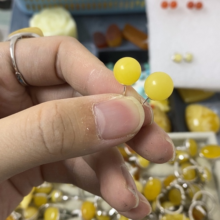 蜜蜡裸石银S925镶嵌耳钉