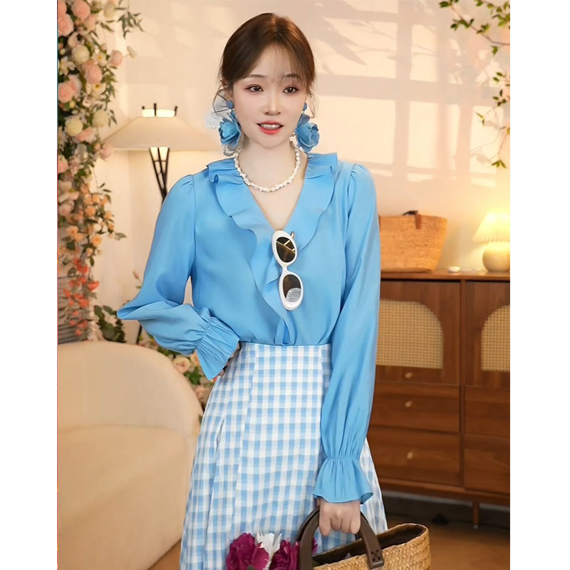 【蓝色荷叶边领衬衫】小众款蓝色V领荷叶边长袖衬衫气质百搭上衣