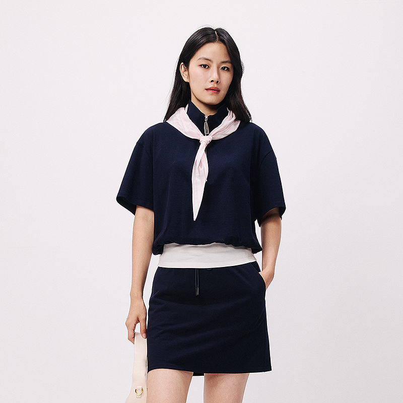 HPLY荷比俪2025夏新女翻领条纹拼接拉链通勤短袖上衣HVF32611085
