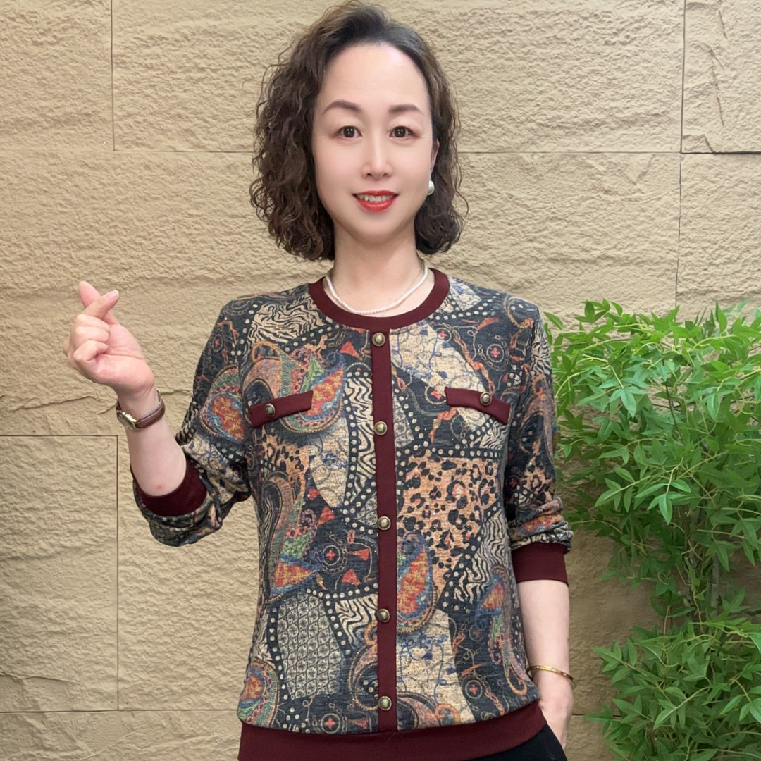 妈妈装秋季长袖新款时尚宽松气质减龄小香风休闲百搭圆领弹力小衫
