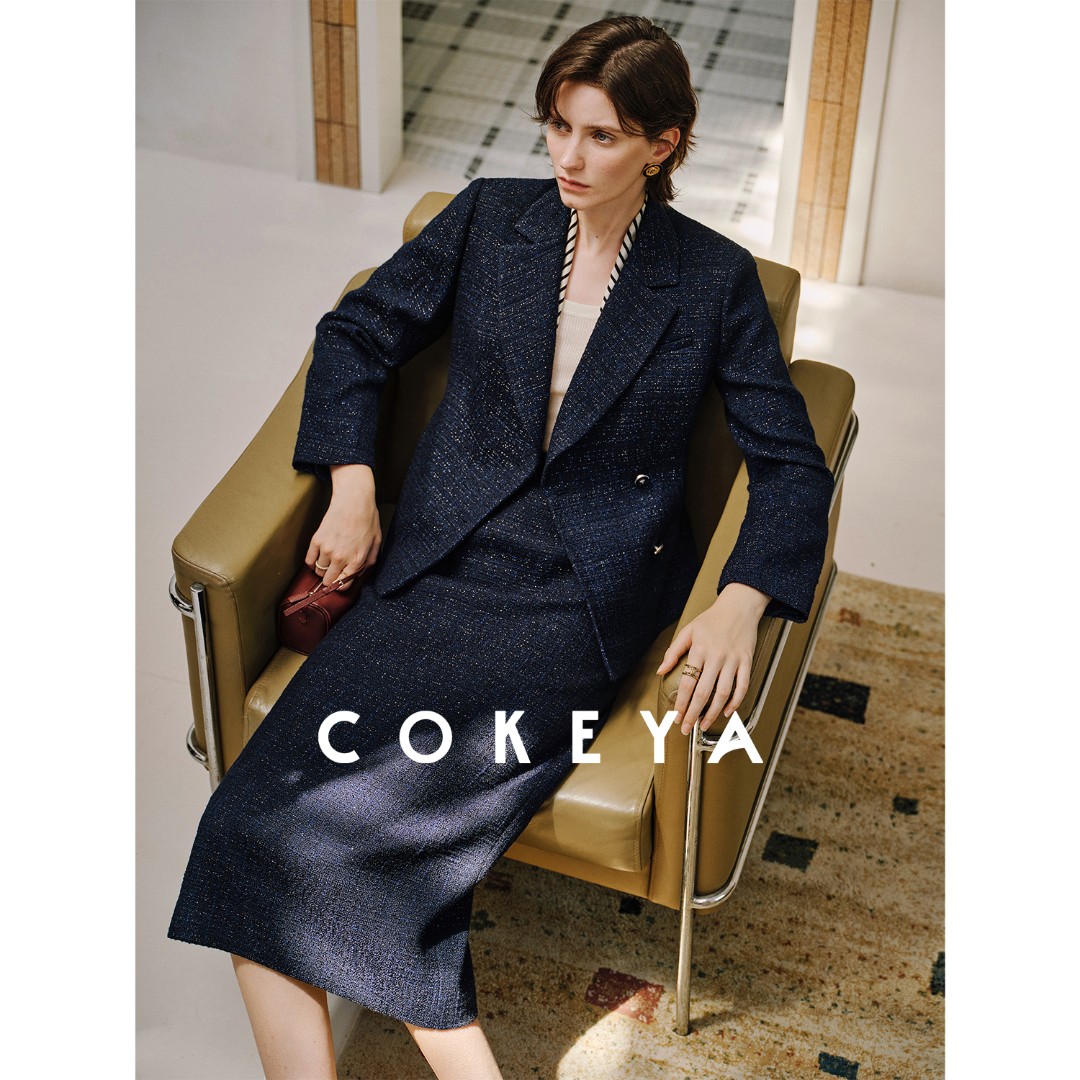 COKEYA/克里斯汀~琎口竹节编织肌理粗花呢收腰羊毛香风西装套装女