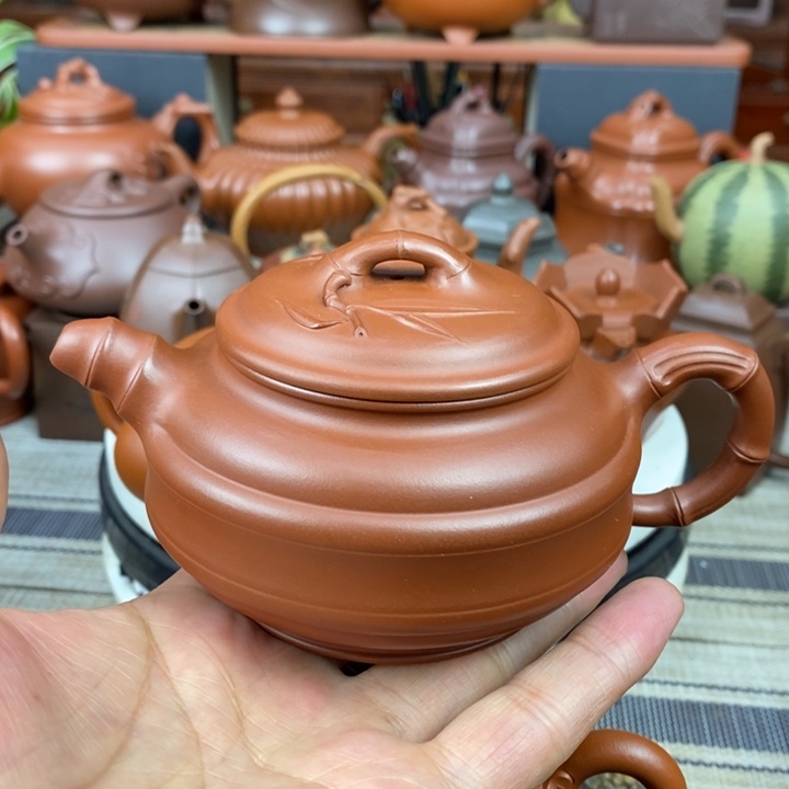 紫砂茶壶双线竹鼓260cc原矿红皮龙紫砂