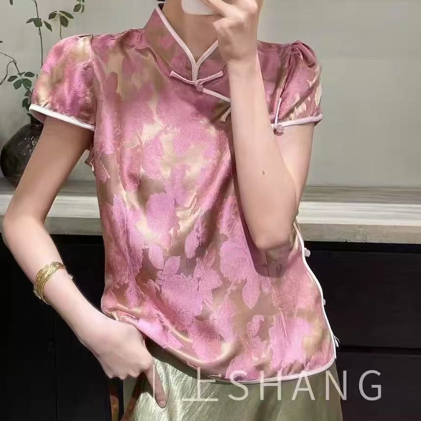 528/1693/125法式立领盘扣印花短袖衬衫上衣
