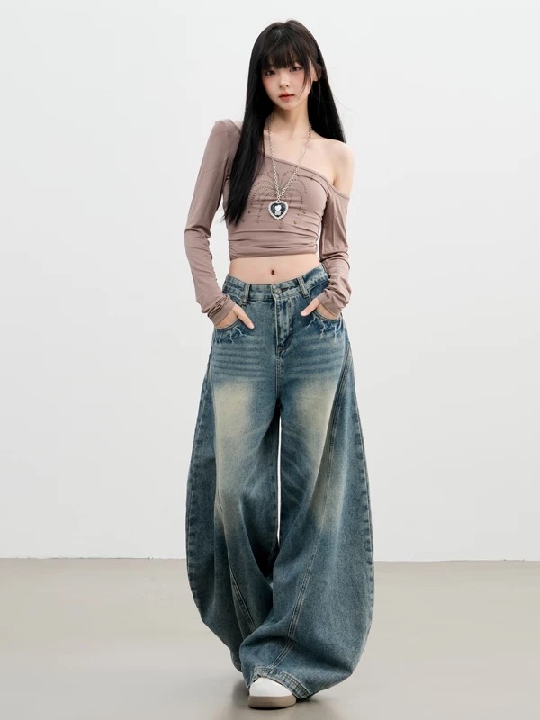 高腰厚款冬季阔腿裤INS风牛仔裤百搭拖地裤破洞复古