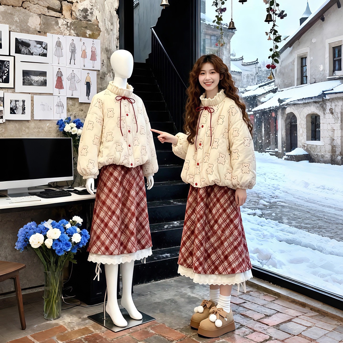 冬装搭配一整套韩系学院风小熊刺绣棉服外套格纹半身裙洋气套装女