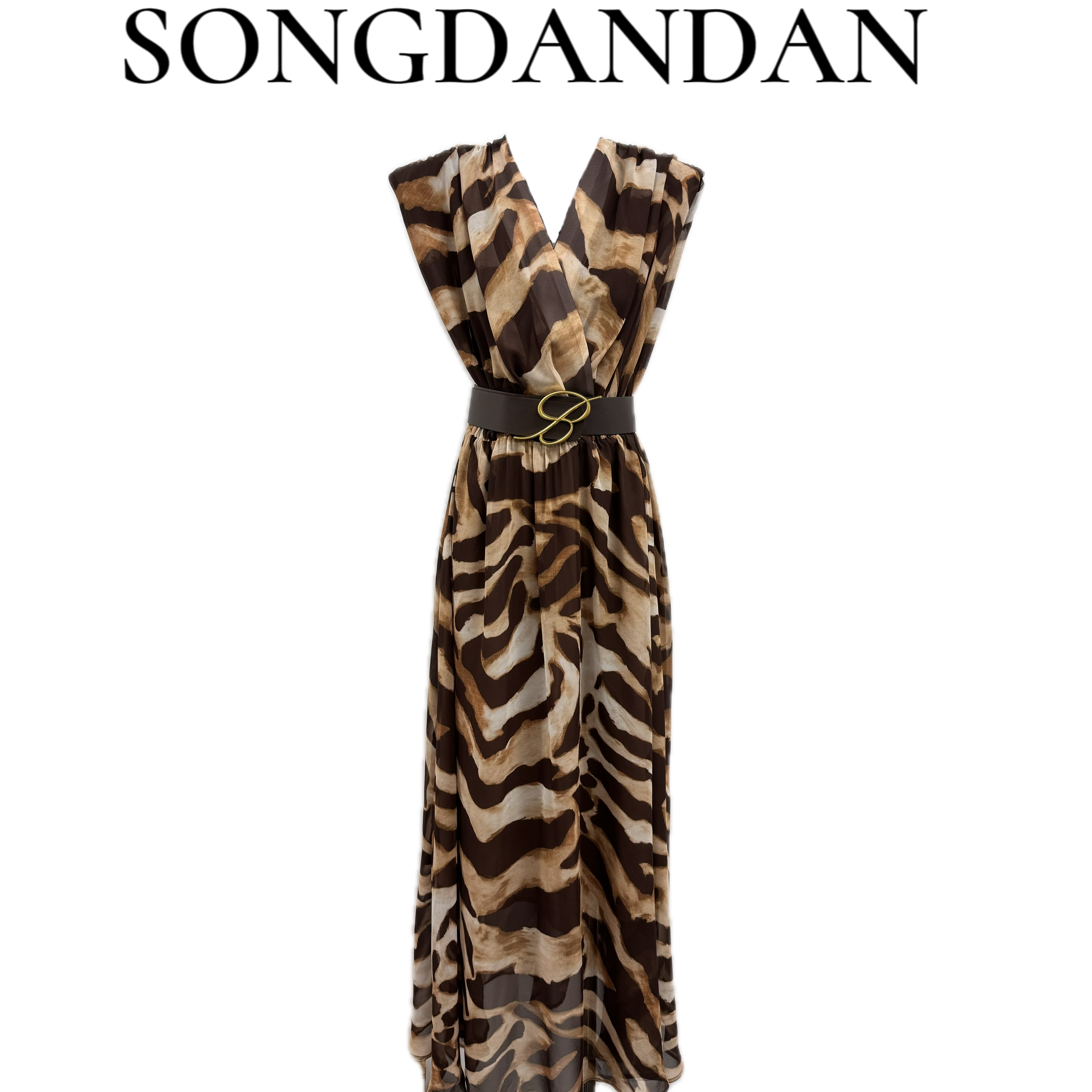 【DDS】夏款V领褶皱无袖高腰大摆腰带连衣裙