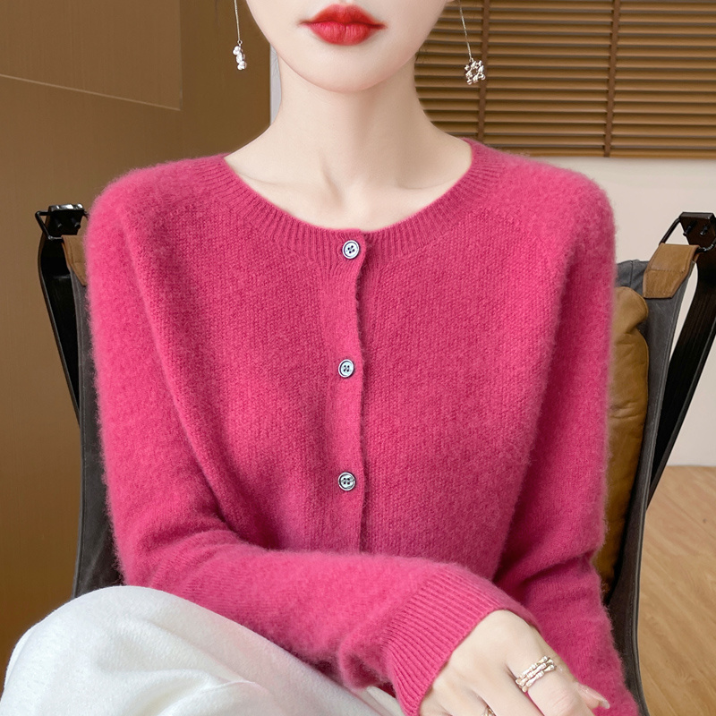 秋冬新款一线成衣桂花针圆领羊绒开衫百搭显瘦