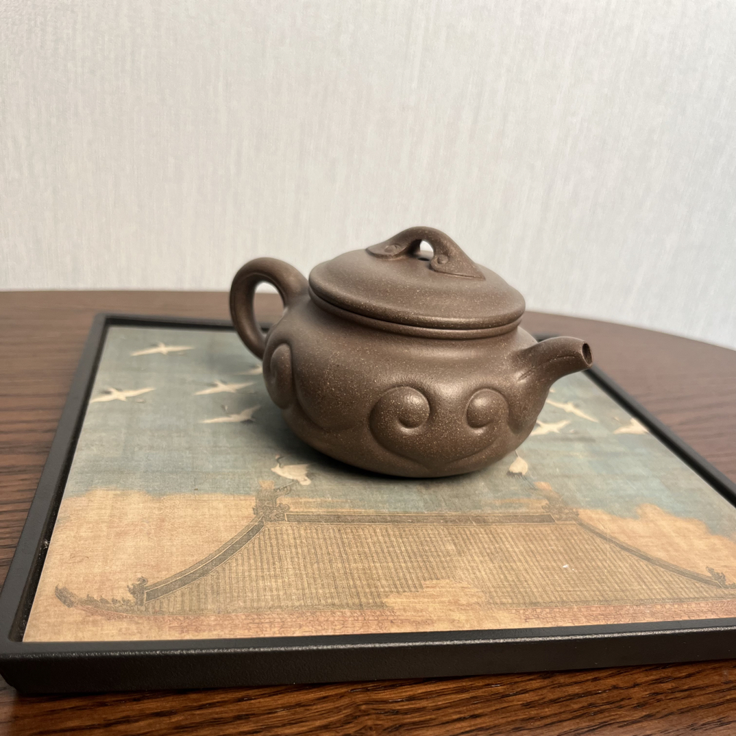 宜兴原矿紫砂老天青料仿古如意壶半手工制作内推孔出水170cc