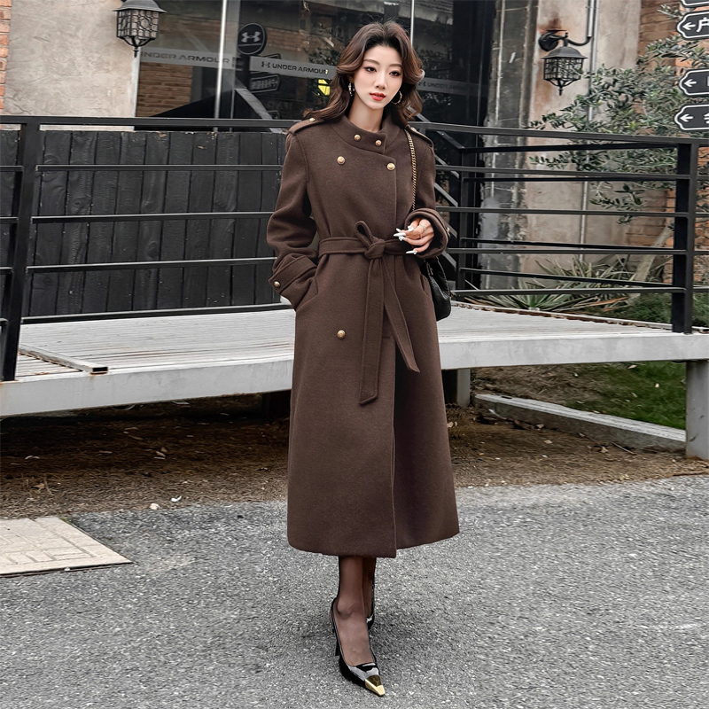 羽绒服内胆大衣女2025冬季新款中长款高级感设计立领棕色毛呢外套