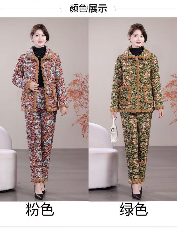  冬季套装加绒加厚保暖舒适洋气减龄毛球棉衣妈妈套装