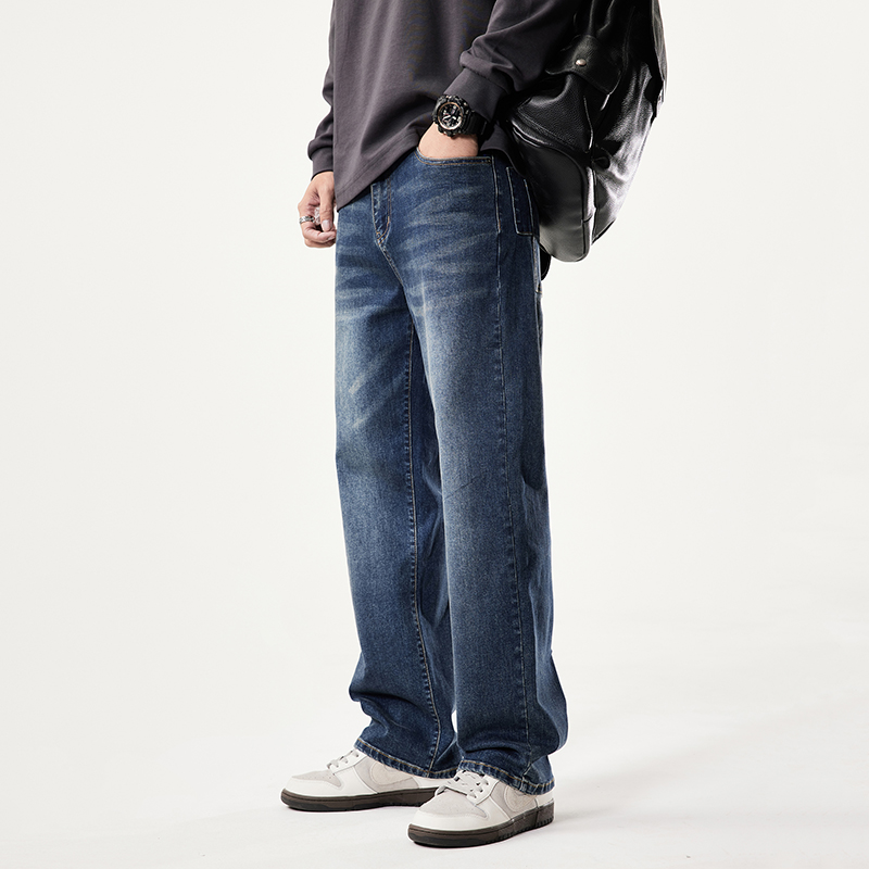 57J01秋冬新款男装阔腿裤宽松直筒大码男裤肥仔胖哥裤休闲牛仔裤