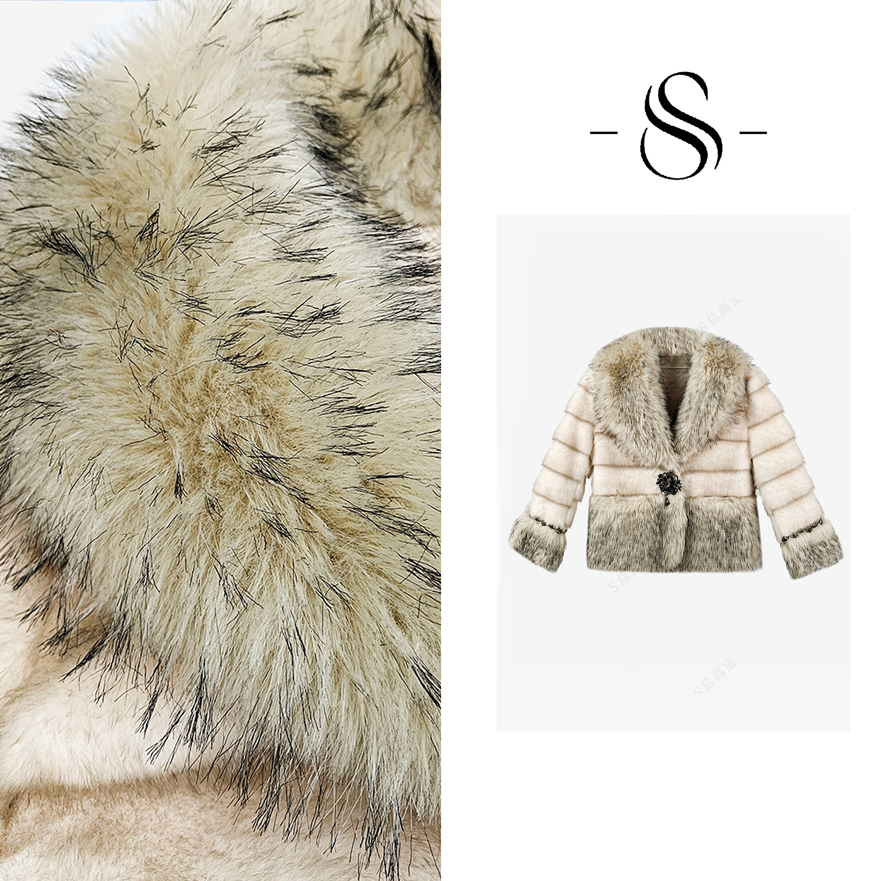 【周周专属】轻熟风冬季新款V领条纹拼接钉珠加厚保暖毛外套女D0084