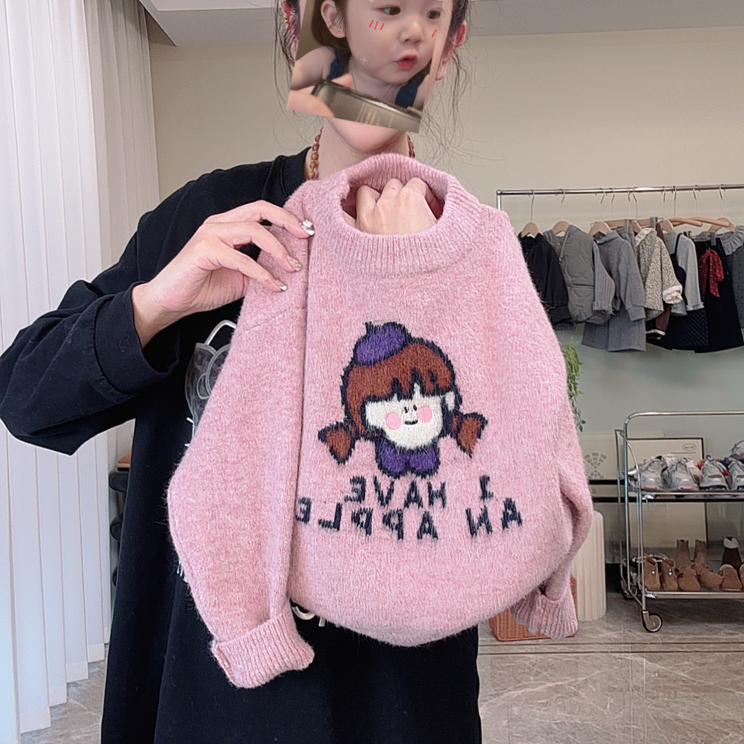 儿童毛衣女童秋冬针织衫童装毛衣粉色秋冬套头卡通圆领打底韩版