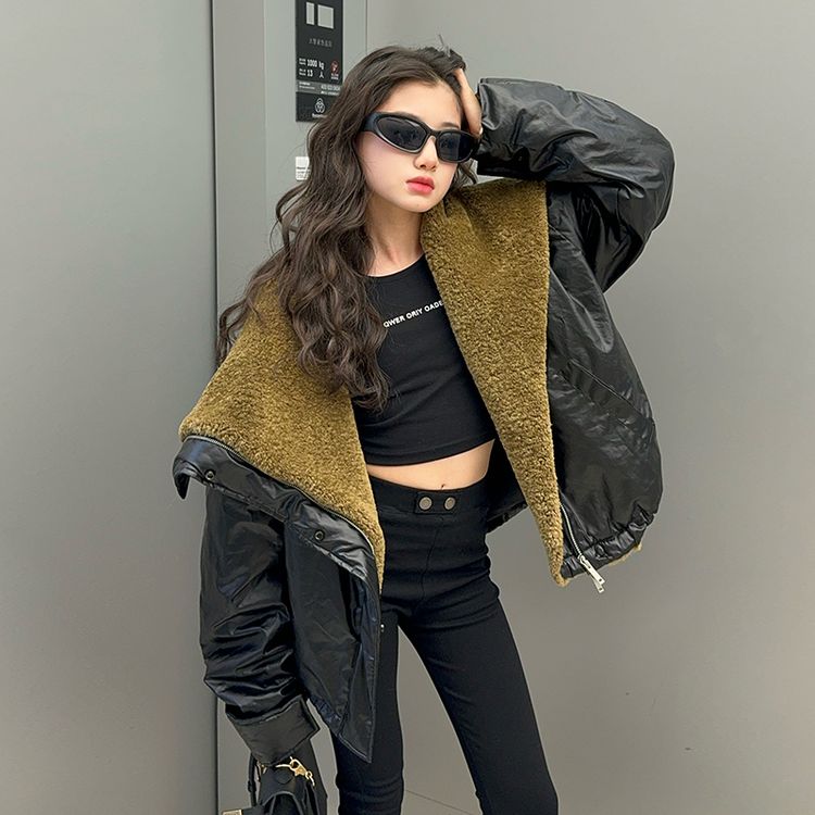 女童中大童圆领翻领厚款宽松型棉衣棉服韩版休闲秋冬皮衣夹克