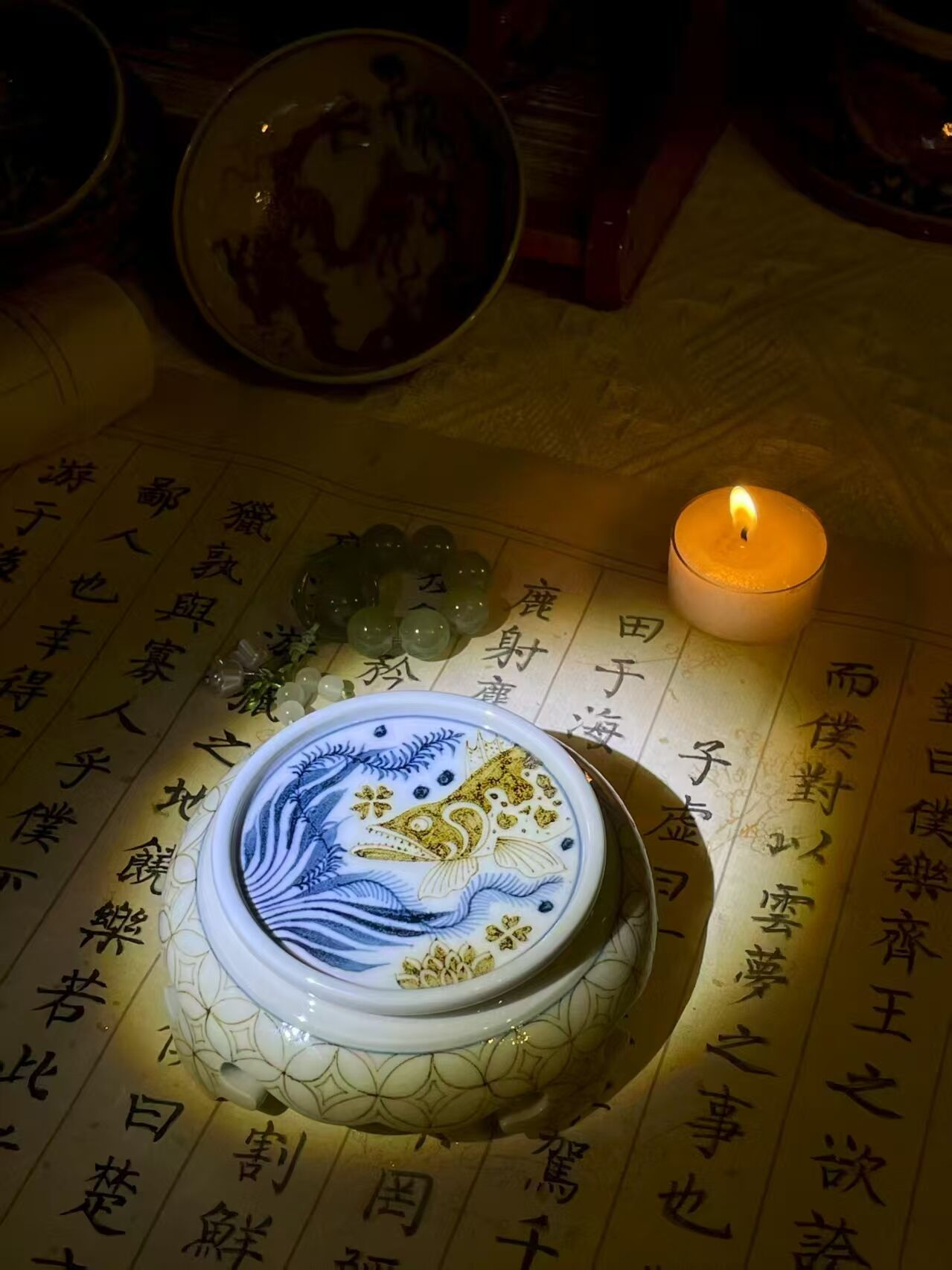 青花釉里金图案家用盖置杯垫茶器配件