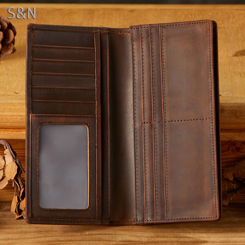 手工真皮男士钱包超薄长款牛皮多卡位皮夹两折纯牛皮简约复古男包