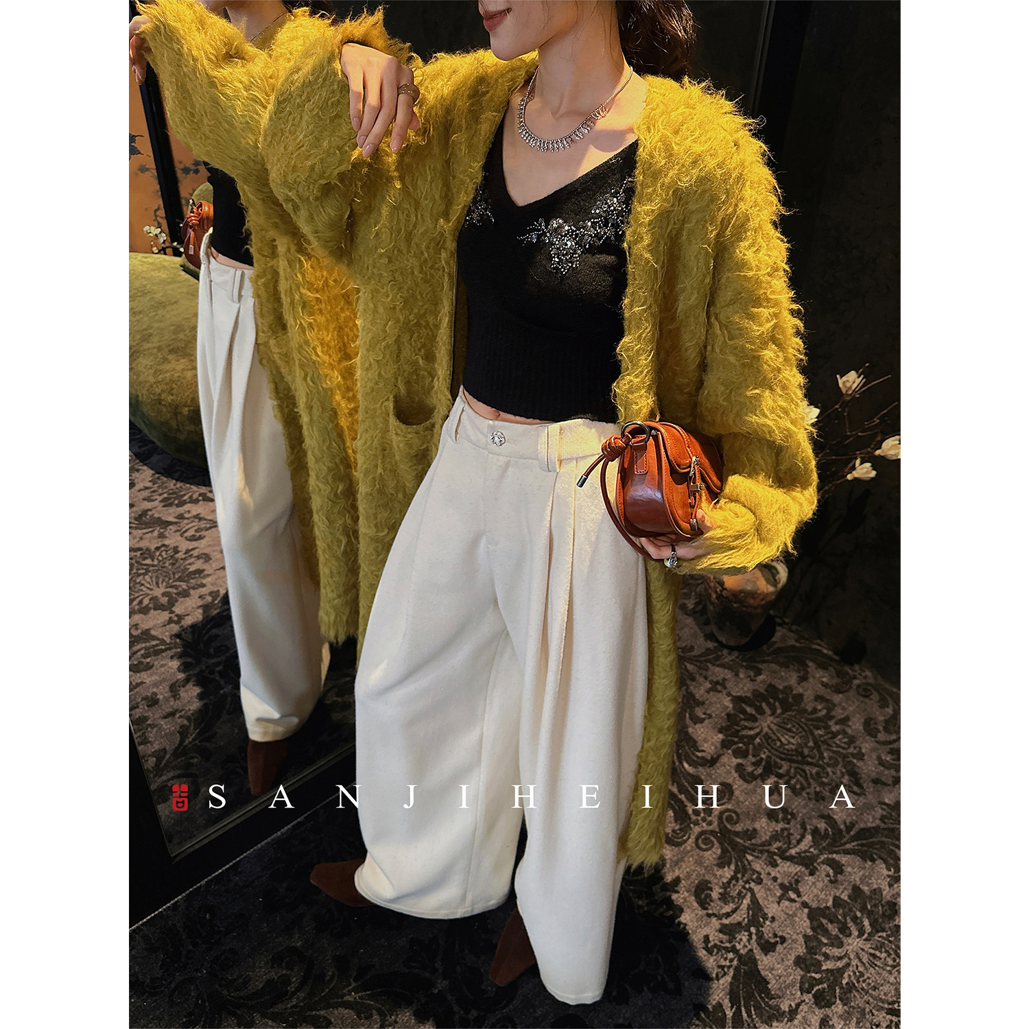 三吉黑花【山川】毛呢阔腿裤子2025新款今年流行爆款休闲长裤加厚