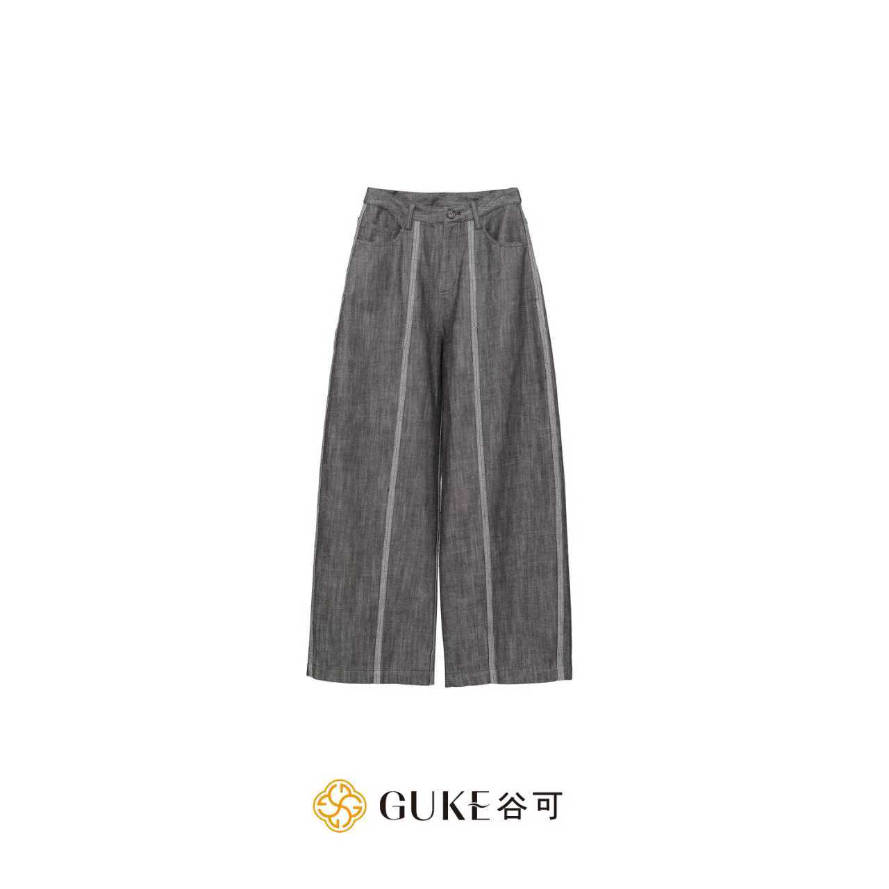 GKE/谷可K1129-1秋冬款茧型复古色织棉折痕宽松高腰显瘦阔腿长裤