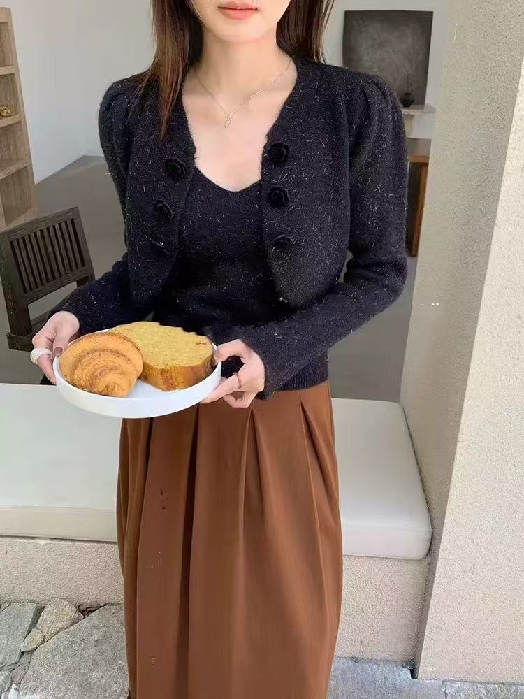 【慕妍专属】两件套毛衣【衣长46】立体花朵背心针织小香开衫两件套