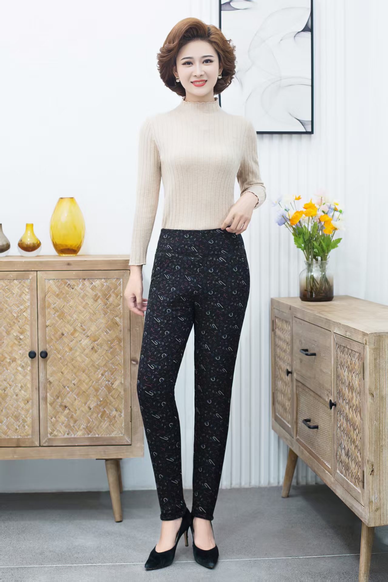 棉裤中老年冬季护膝护腰深档高腰加厚加绒妈妈弹力印花大码内外穿