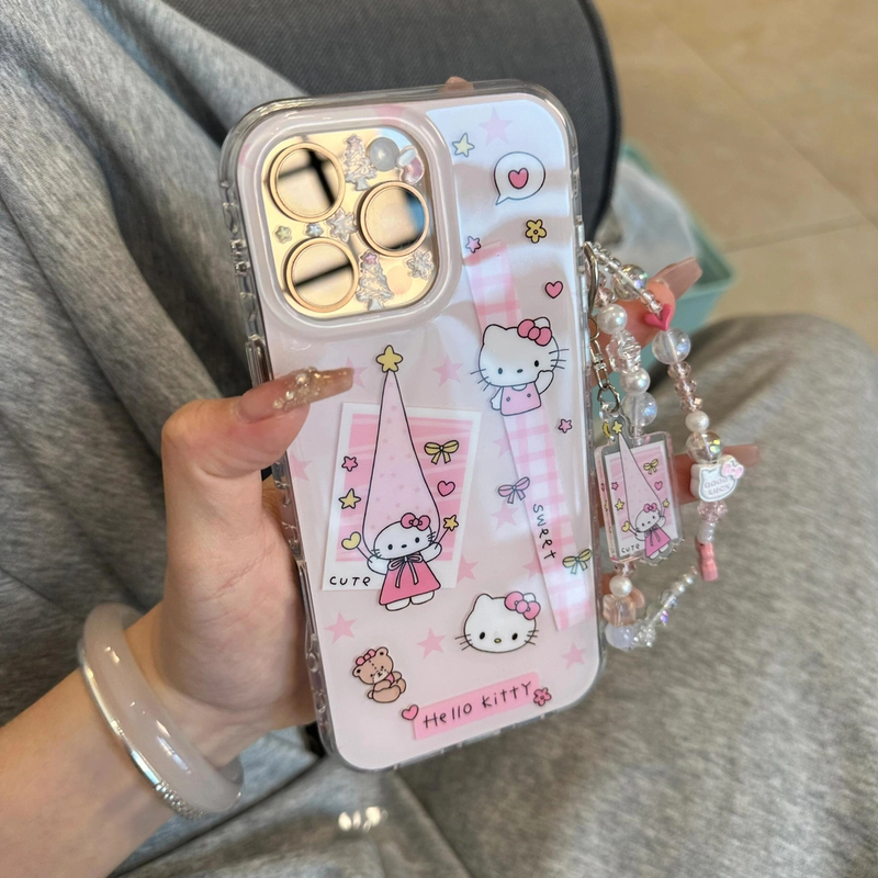 可爱粉格纹星星长帽KT挂件链条适用苹果16promax手机壳15iphone14