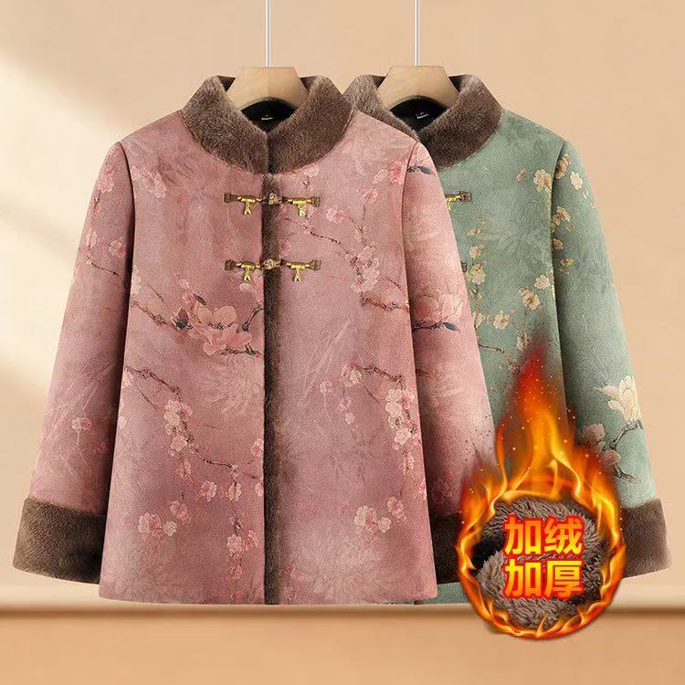 中老年新中式加绒加厚外套中老年小立领保暖棉衣宇112