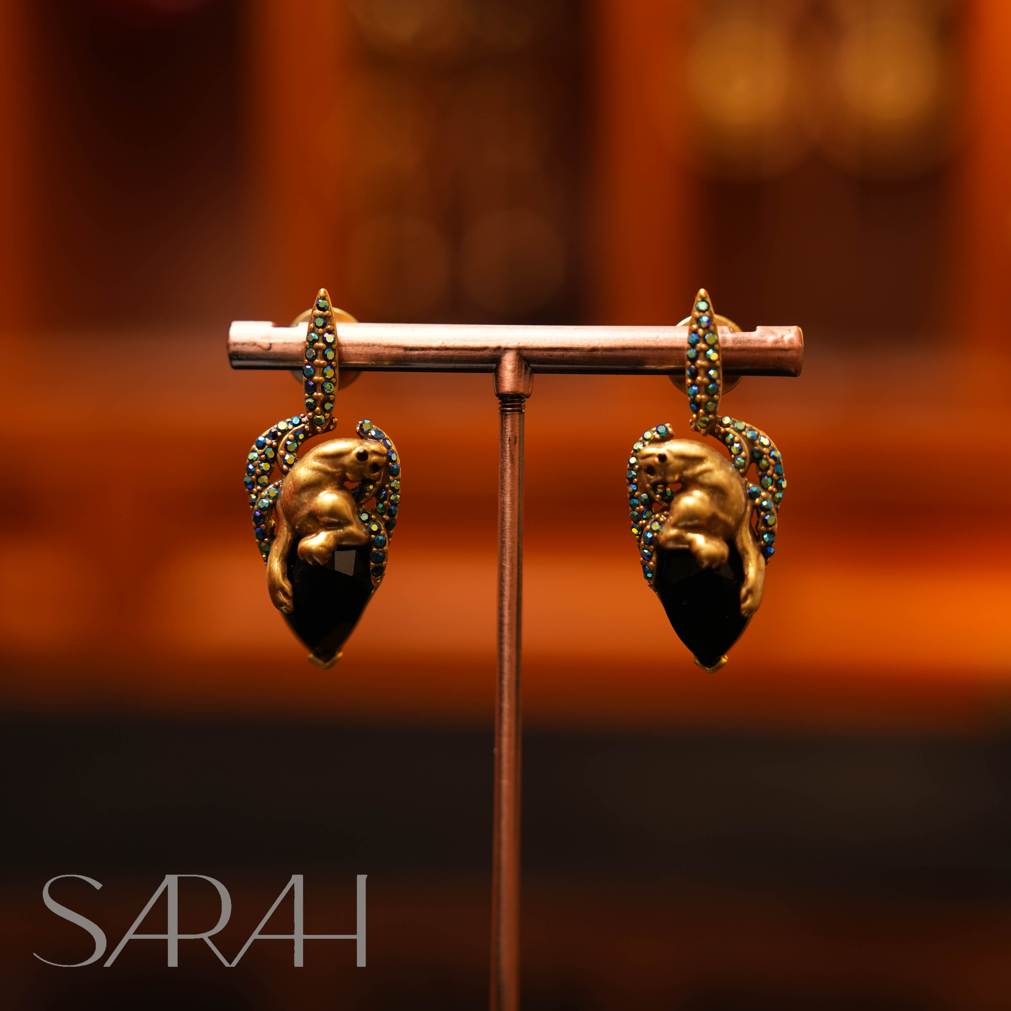 铜合金合成锆石耳饰 DearLisa.精工系列 复古黑色豹子925银针耳钉