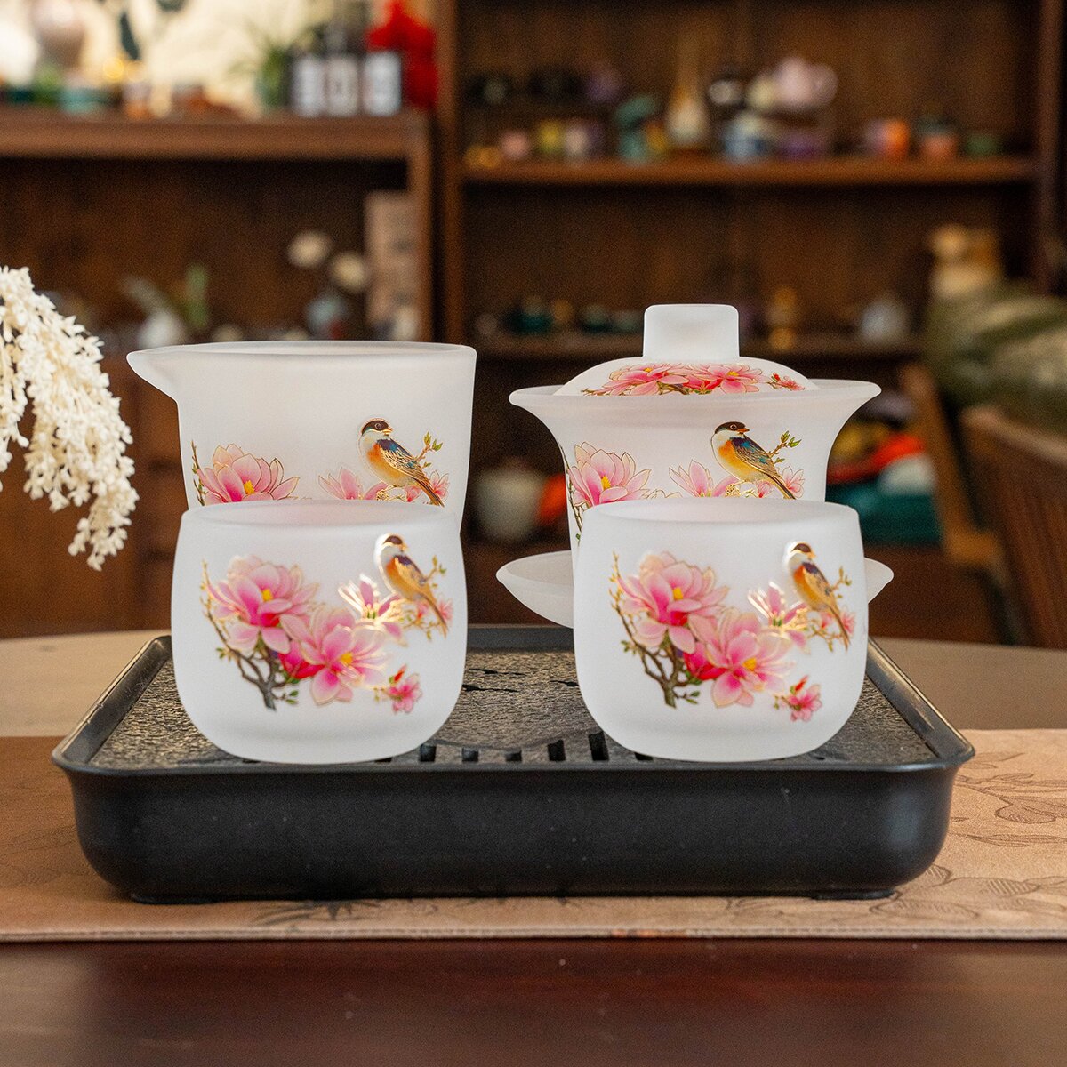 中式玻璃【花鸟】盖碗描金泡茶茶具陶瓷高档茶盘琉璃盖碗茶杯C0445