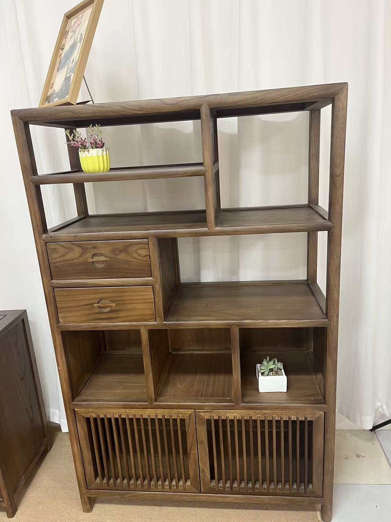 新中式现代实木榆木客厅餐边柜茶叶柜茶边柜博古架餐边柜玄关柜