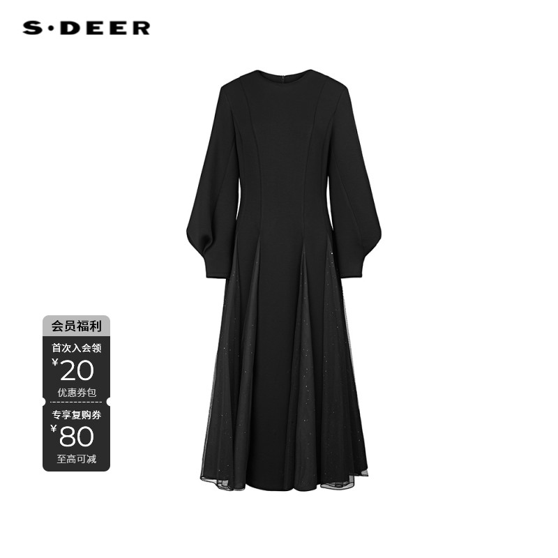 S·DEER圣迪奥女百搭时尚显瘦轻奢法式气质赫本袖连衣裙S244Z1275
