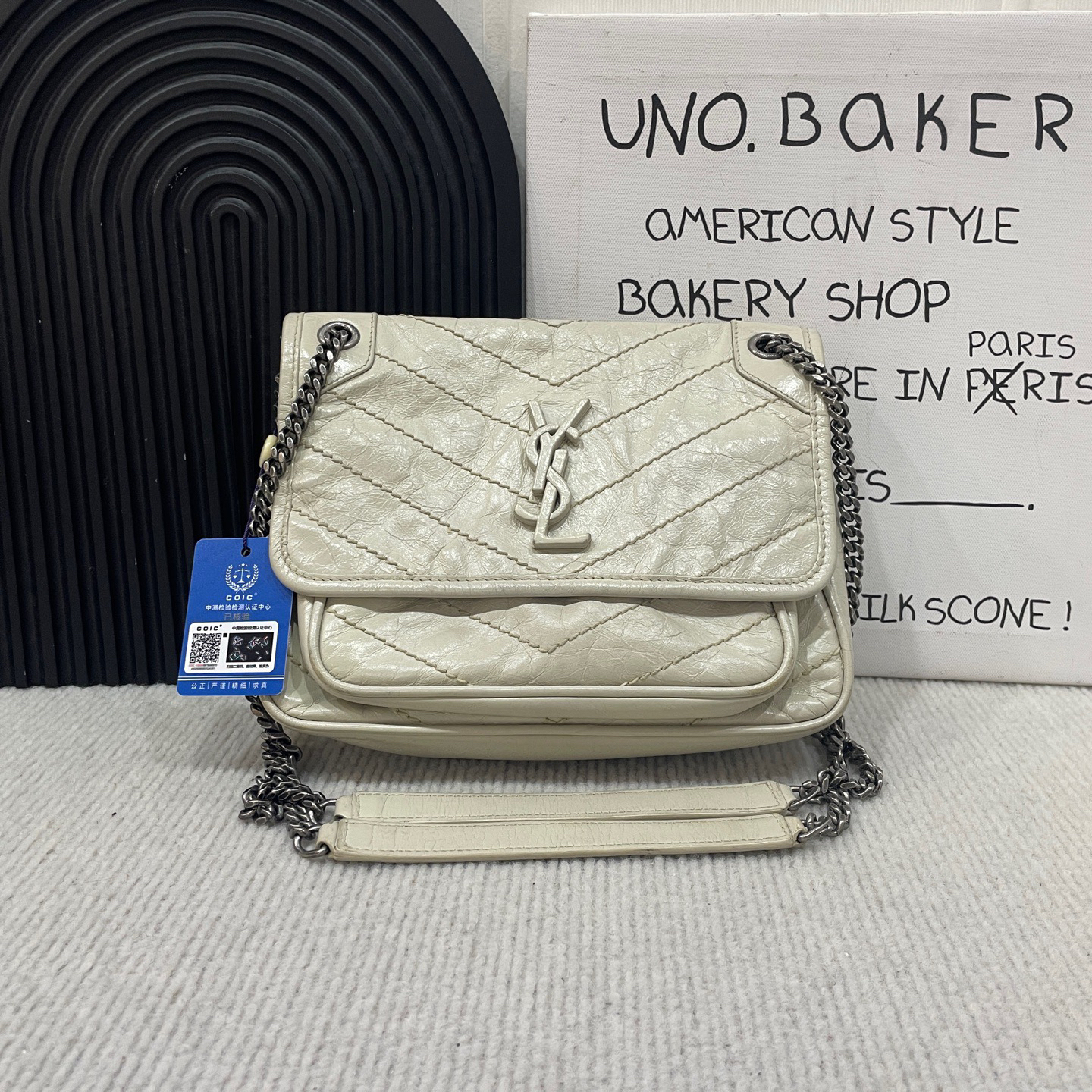 95新 YSL/圣罗兰 Niki小号白色银链D扣