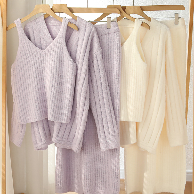 『眠岛』半边绒睡衣女软绵绵冬季纯色加绒加厚开衫三件套家居服