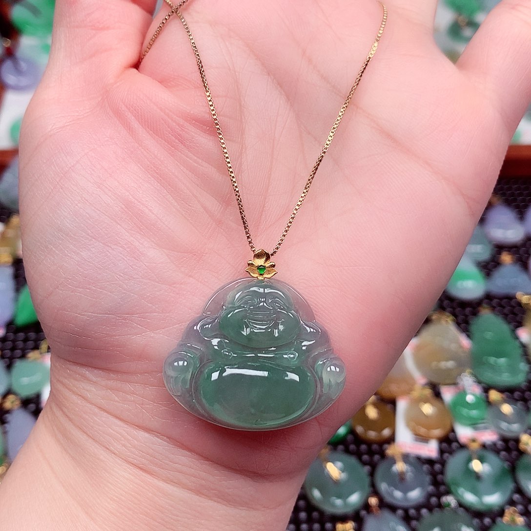 翡翠18K金镶嵌颈饰天然翡翠A货